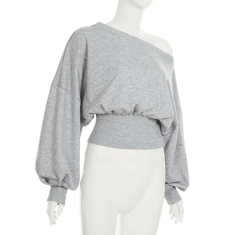 Plain One-Shoulder Sweatshirt with Balloon Sleeves