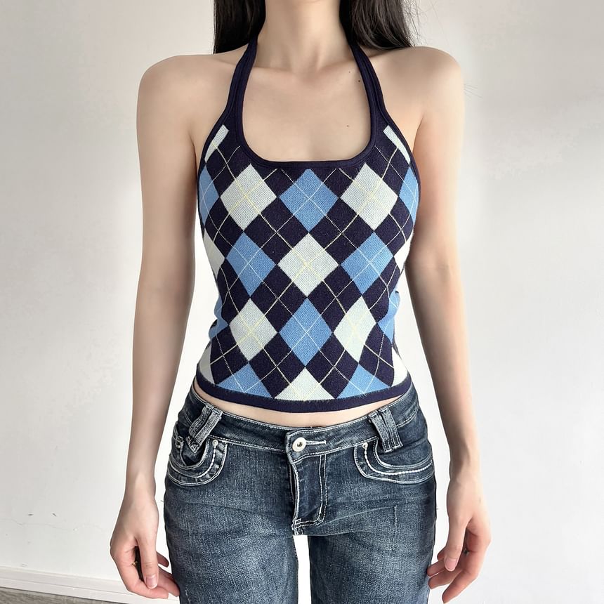 Halter Argyle Knit Shirt