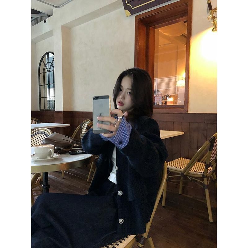 Mock Two-Piece Collared Plaid Panel Button-Up Tweed Crop Jacket