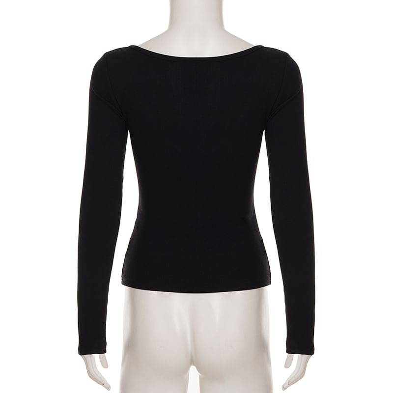 Studded V-Neck Fitted Long-Sleeve Tee