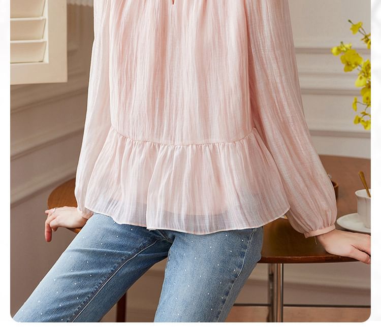 Embellished Ruffle Hem Round Neck Blouse Long Sleeve