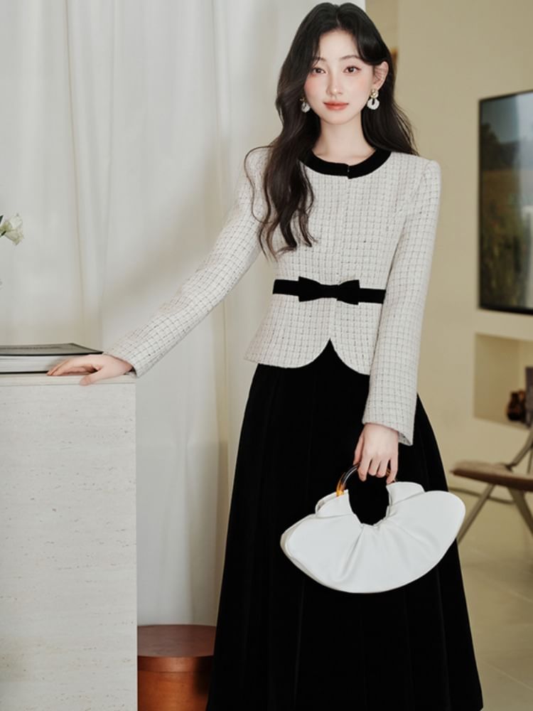 Set: Round Neck Bow Tweed Concealed Button Jacket + High Waist Plain Maxi A-Line Skirt