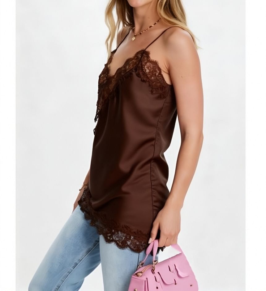 Asymmetrical V-Neck Lace Trim Camisole in Solid Color