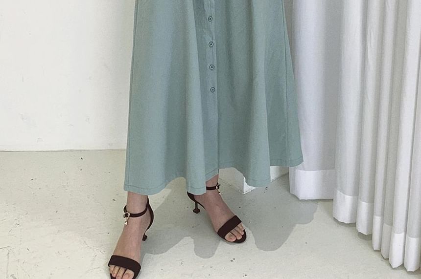Long Sleeve V-Neck Plain Button Tie-Waist Maxi A-Line Dress