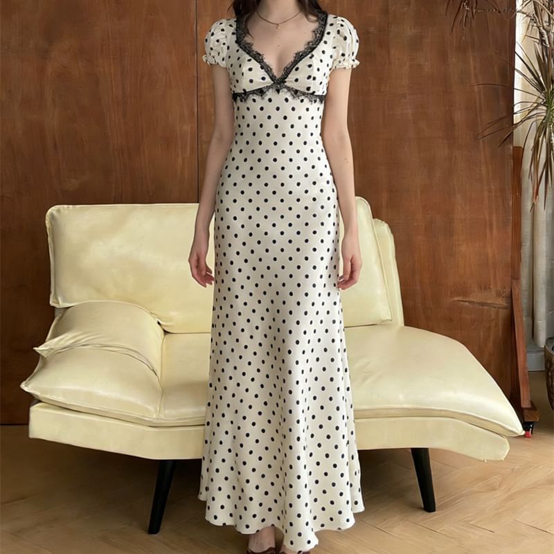 Puff Sleeve V-Neck Lace-Trim Dotted Open-Back Slim-Fit Maxi Bodycon Dress