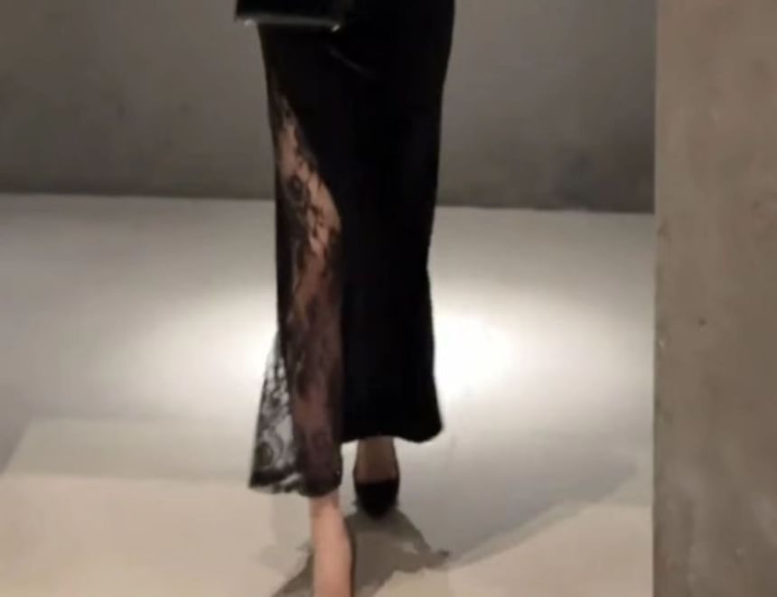 Long-Sleeve Off-Shoulder Plain Lace Trim Maxi Sheath Dress