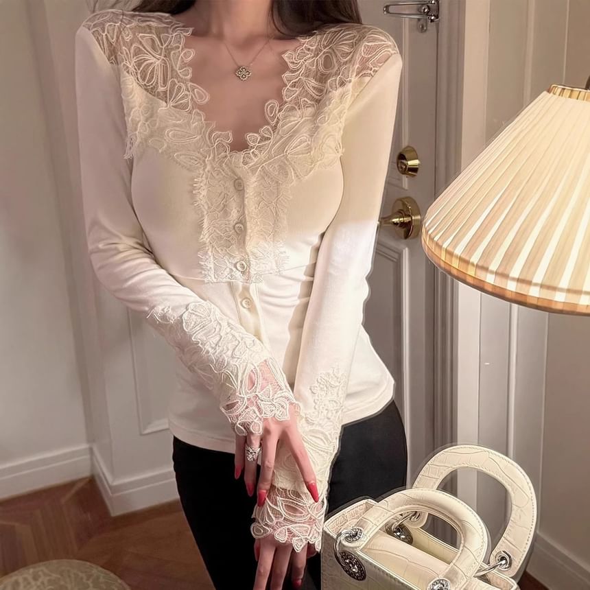 Button Panel Lace Top with V-Neck and Long Sleeves