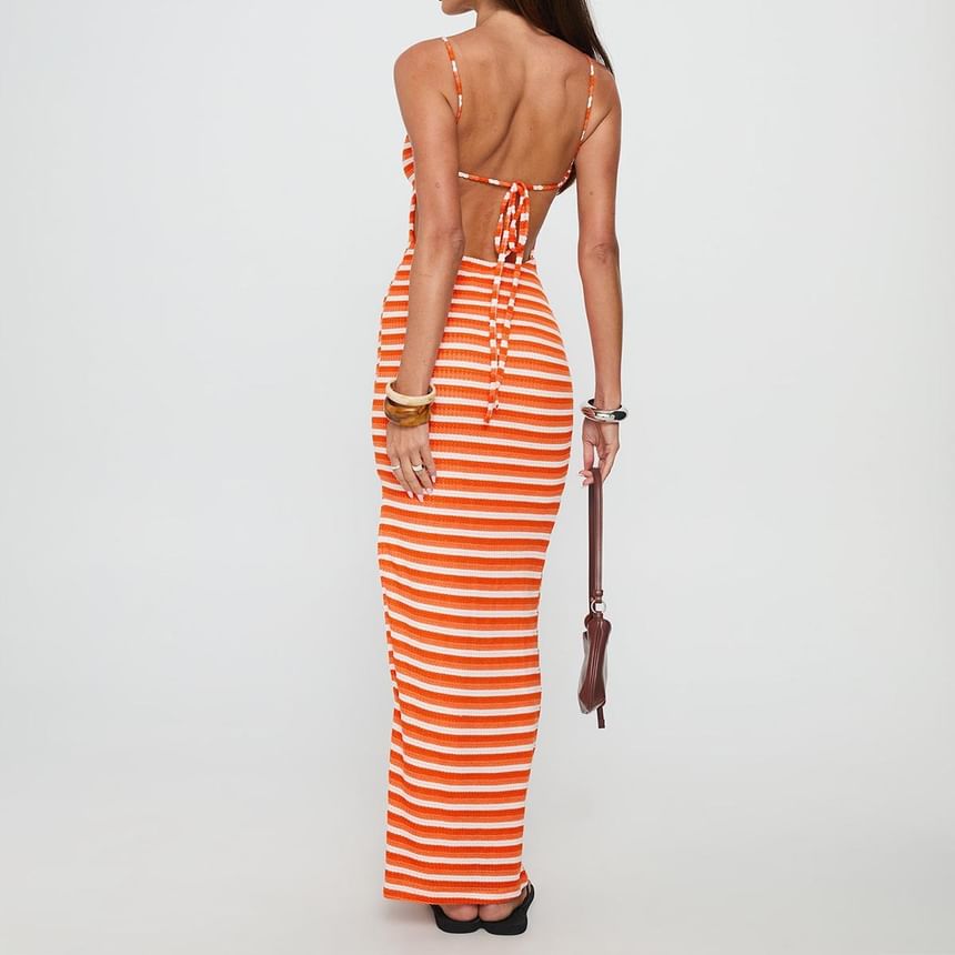 Spaghetti Strap Scoop Neck Striped Slit Maxi Bodycon Dress