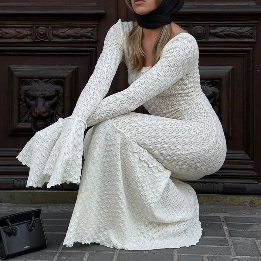 Bell Sleeve Scoop Neck Plain Open-Back Crochet Knit Maxi Dress
