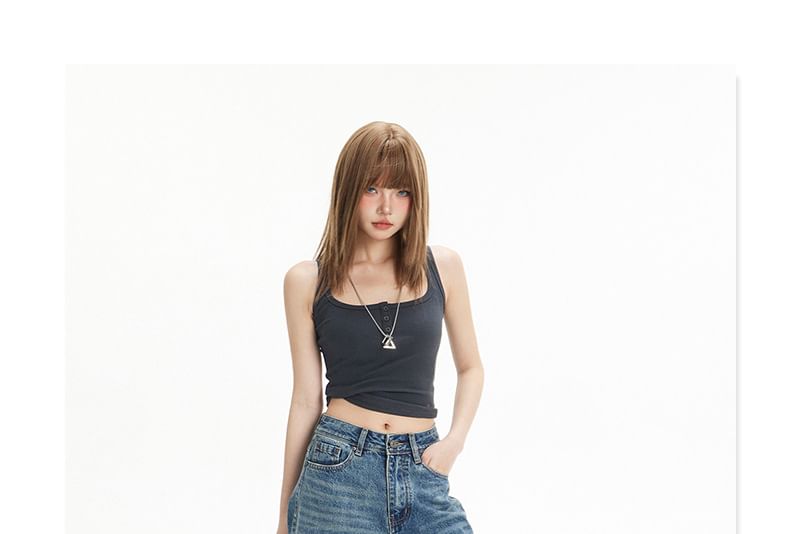 High Waist Washed Wide Leg Denim Culotte Jorts