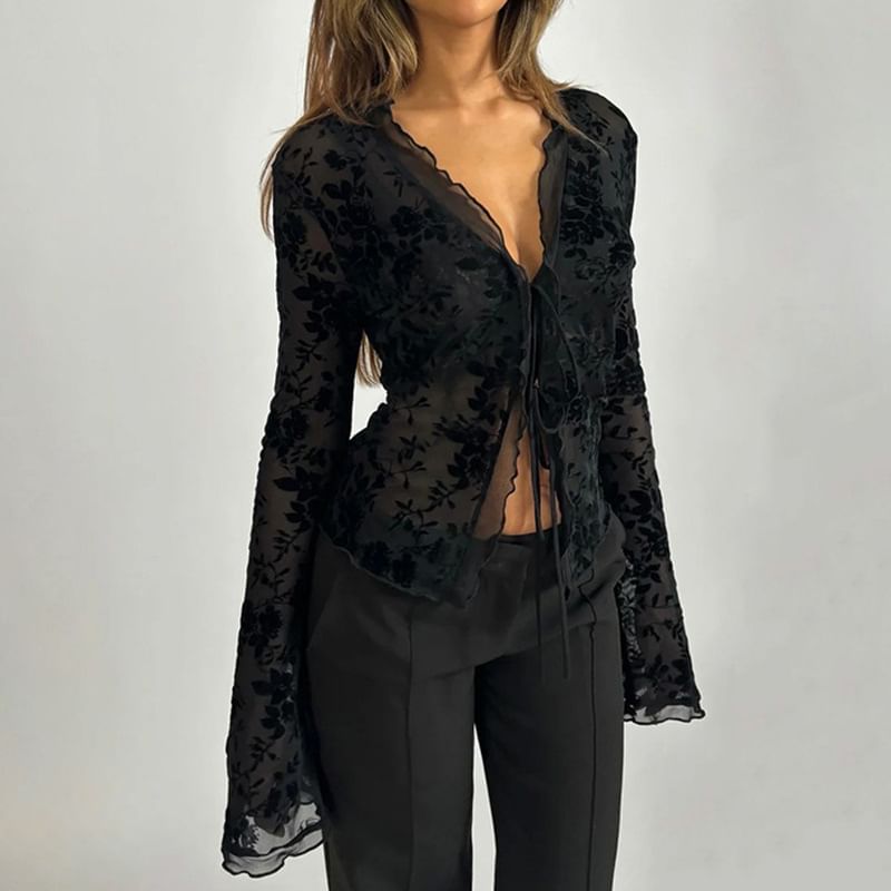 V-Neck Blouse with Lace Button-Up Front and Long Sleeves
