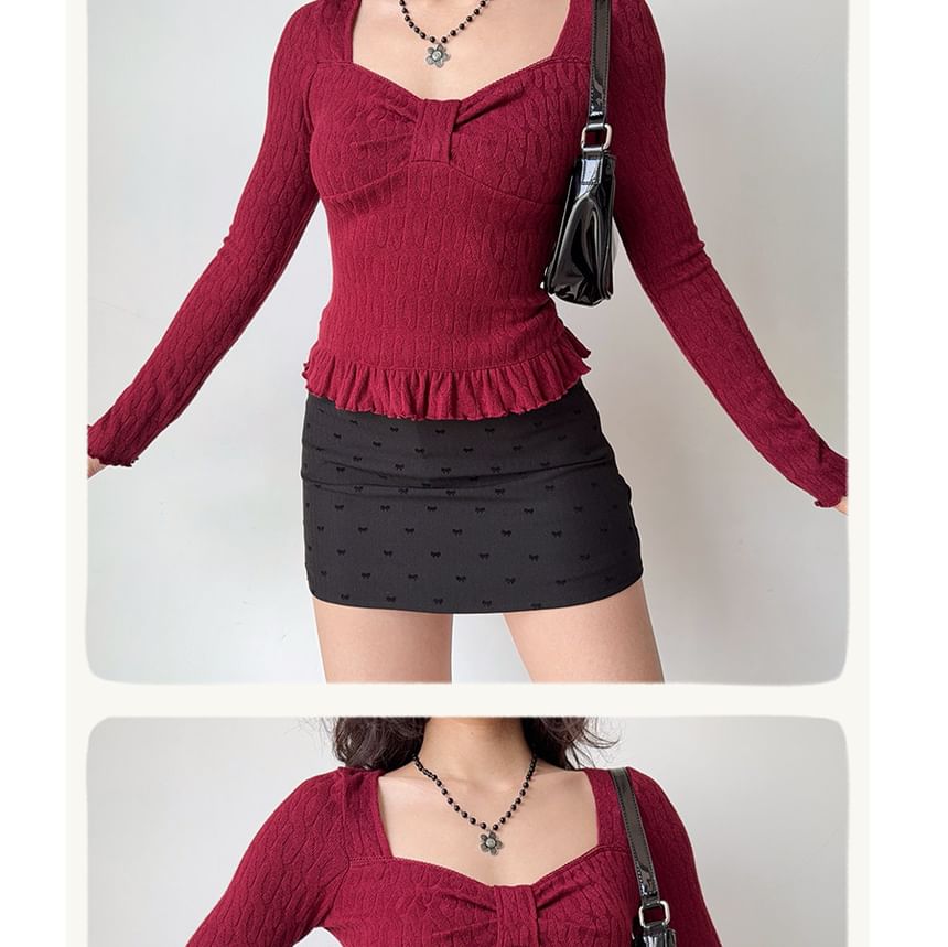V-Neck Cropped Long-Sleeve Top in Solid Tone