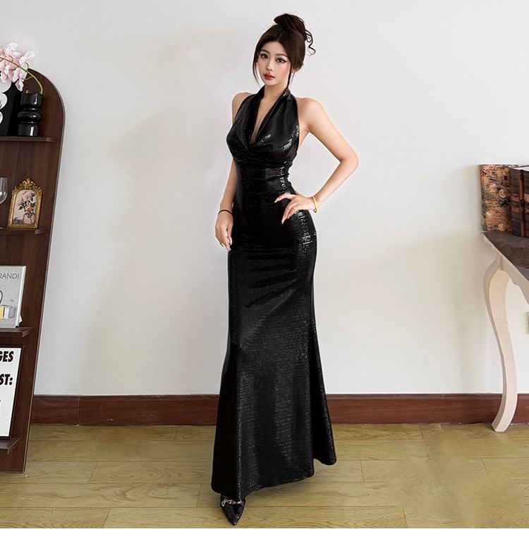 Halter Cowl Neck Sequin Open Back Maxi Mermaid Dress