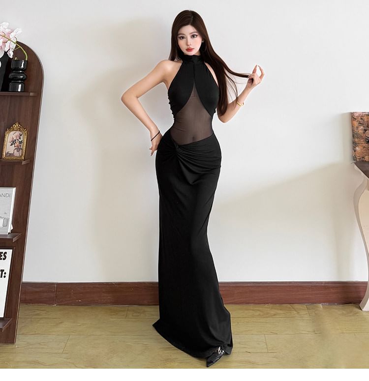 Halter Neck Plain Mesh Panel Ruched Open Back Maxi Sheath Dress