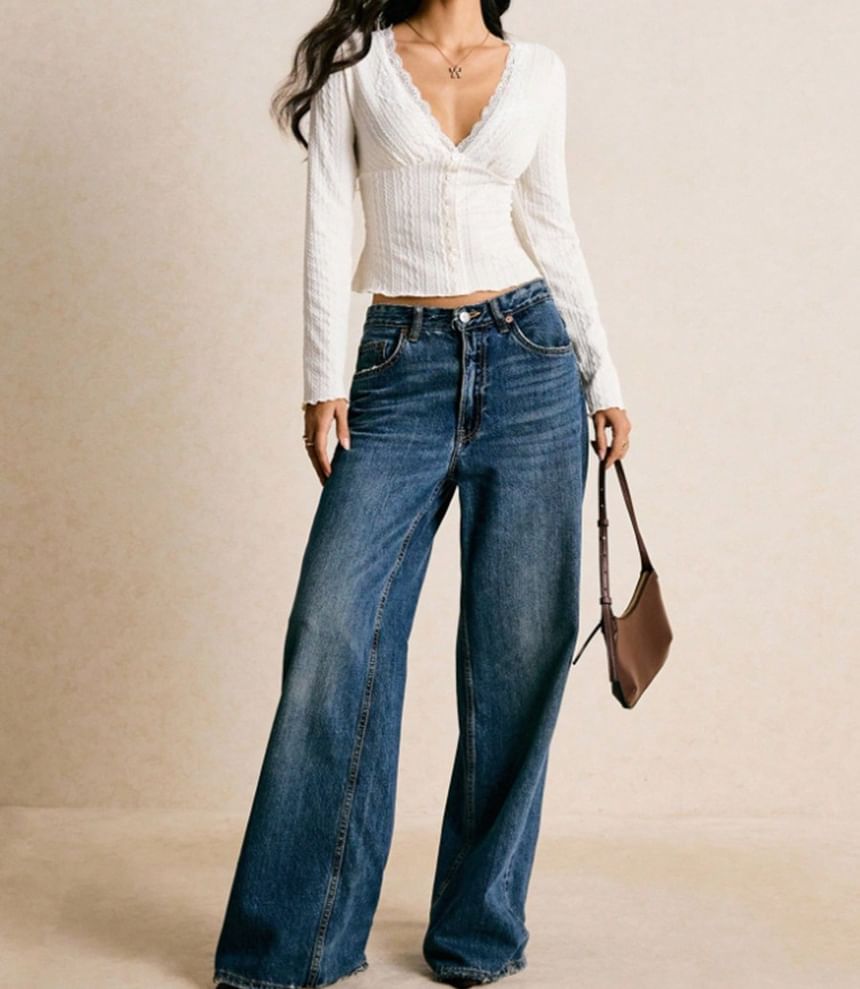V-Neck Long Sleeve Lace Trim Button Crop Top