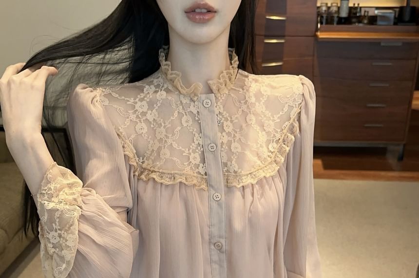 Stand-Collar Long-Sleeve Lace Blouse, Button-Up