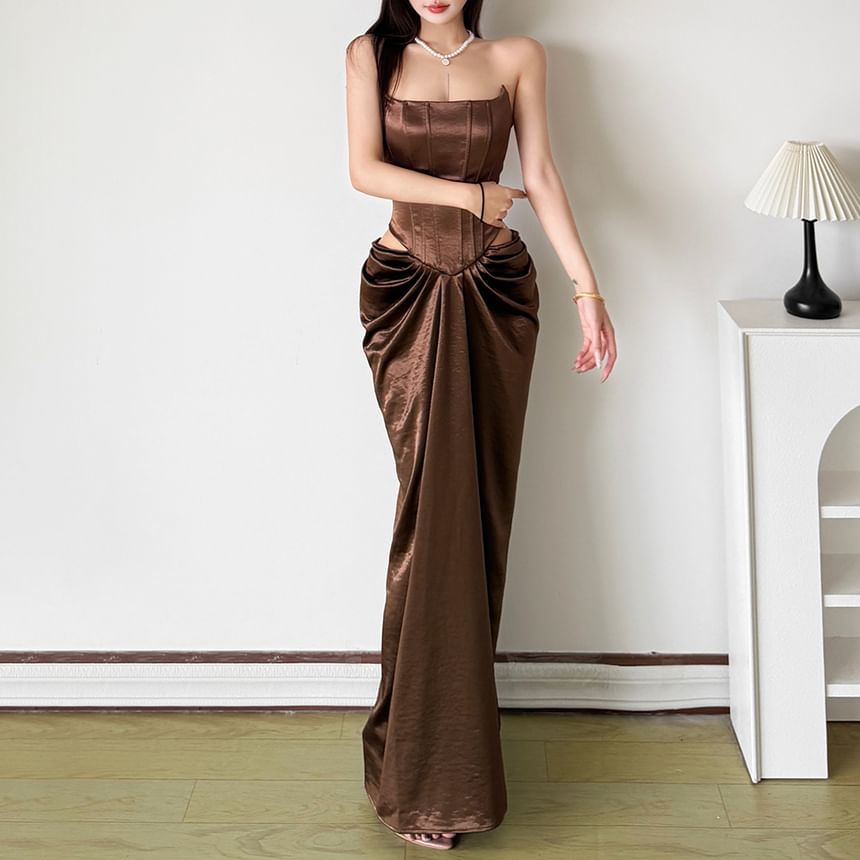 Strapless Plain Cutout Ruched Maxi Sheath Corset Dress