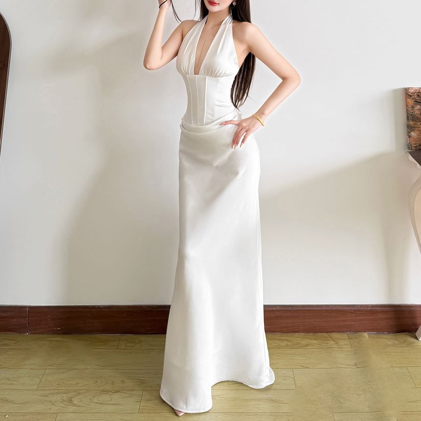 Halter V-Neck Plain Open Back Maxi Mermaid Corset Dress