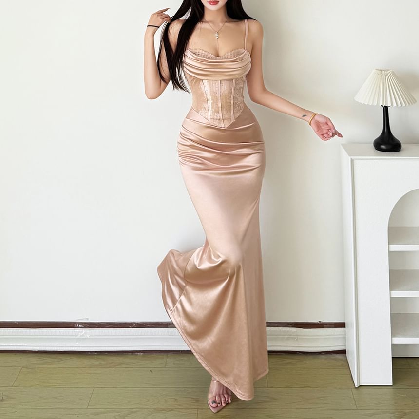 Spaghetti Strap Sequin Sweetheart Neckline Satin Corset Evening Dress