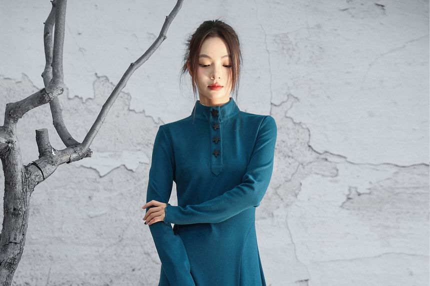 Long-Sleeve Stand Collar Plain Lettuce Edge Maxi A-Line Dress