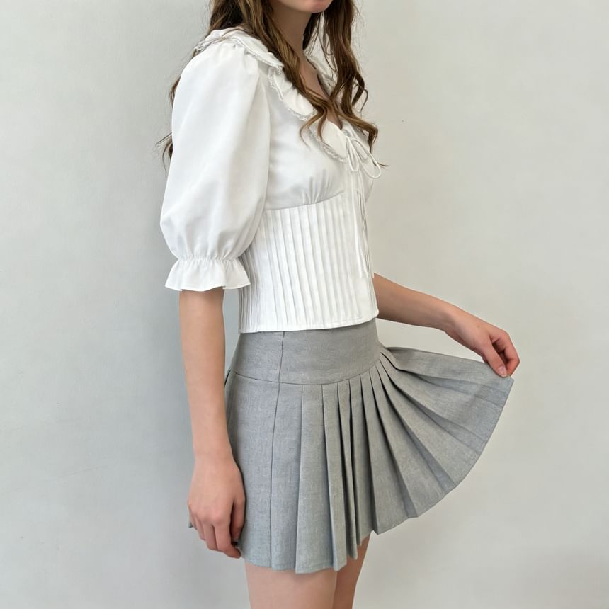 Cropped Lace-Trimmed Tie-Front Blouse with Pleated Scoop Neckline