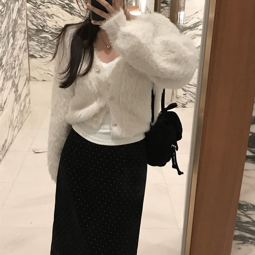 V-Neck Fluffy Button-Up Plain Crop Cardigan
