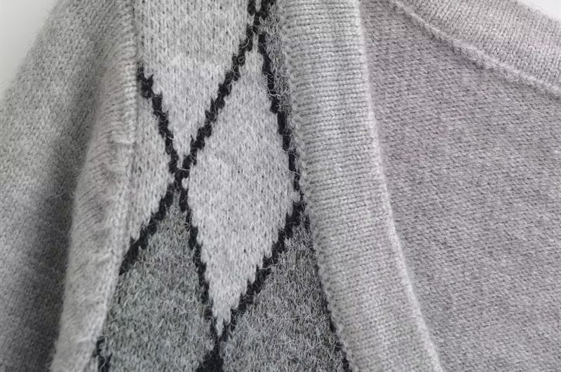 V-Neck Argyle Button Up Cardigan