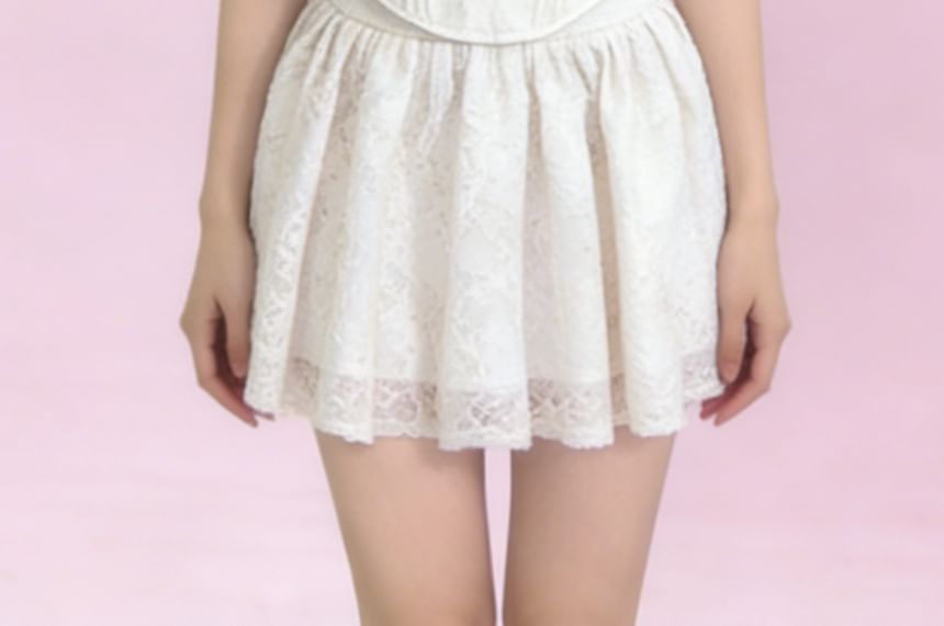 Scoop Neck Blouse with Cutout and Lace Trim + Mini A-Line Skirt Set