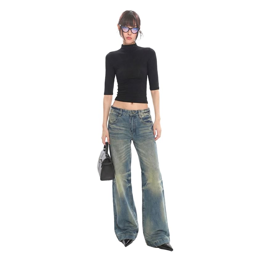 Mock Neck Ribbed Knit Crop Top