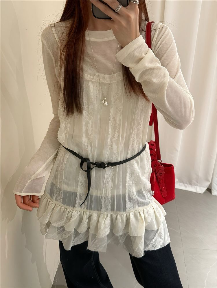 Set: Long-Sleeve Crew Neck Plain Sheer T-Shirt + Spaghetti Strap Scoop Neck Lace Panel Mini Overall Dress