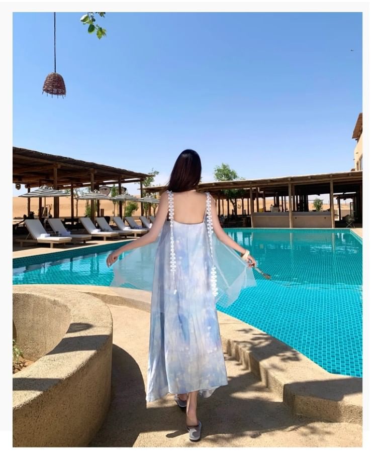 Spaghetti Strap Tie Dye Mesh Panel Open Back Midi Smock Dress