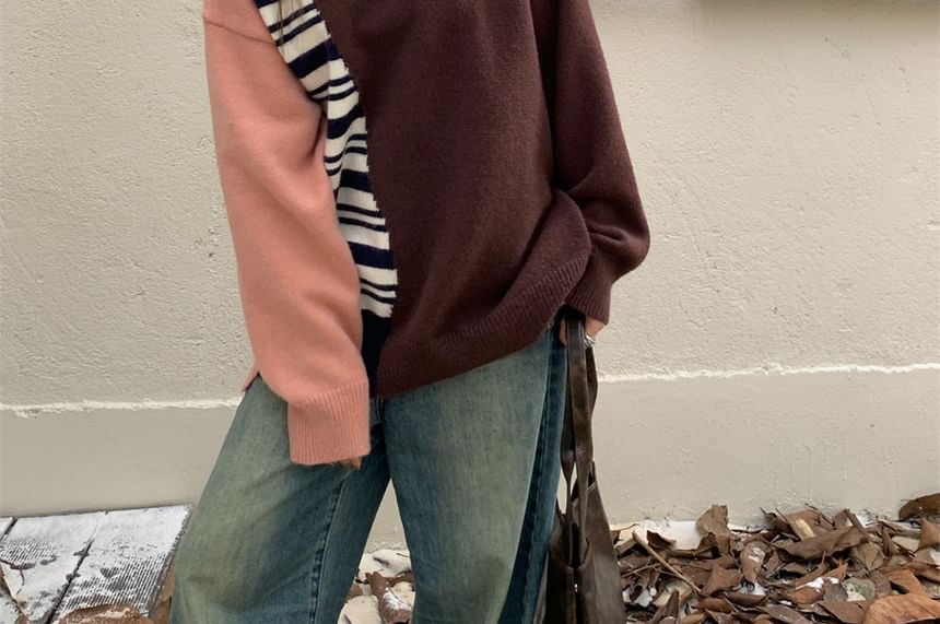 Crew Neck Sweater with Striped Accent Panels