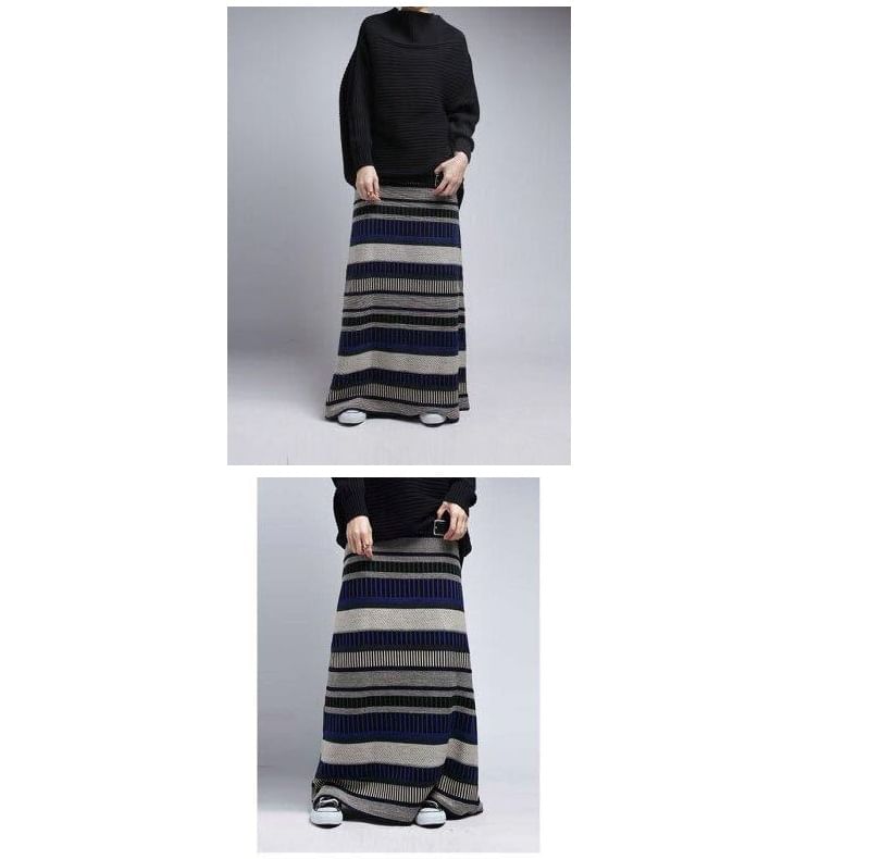 Mid Rise Striped Knit Maxi A-Line Skirt