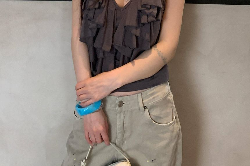 V-Neck Solid Ruffle Cami Blouse