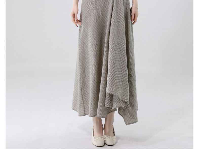 Sleeveless Crew Neck Plaid Asymmetrical Maxi A-Line Dress
