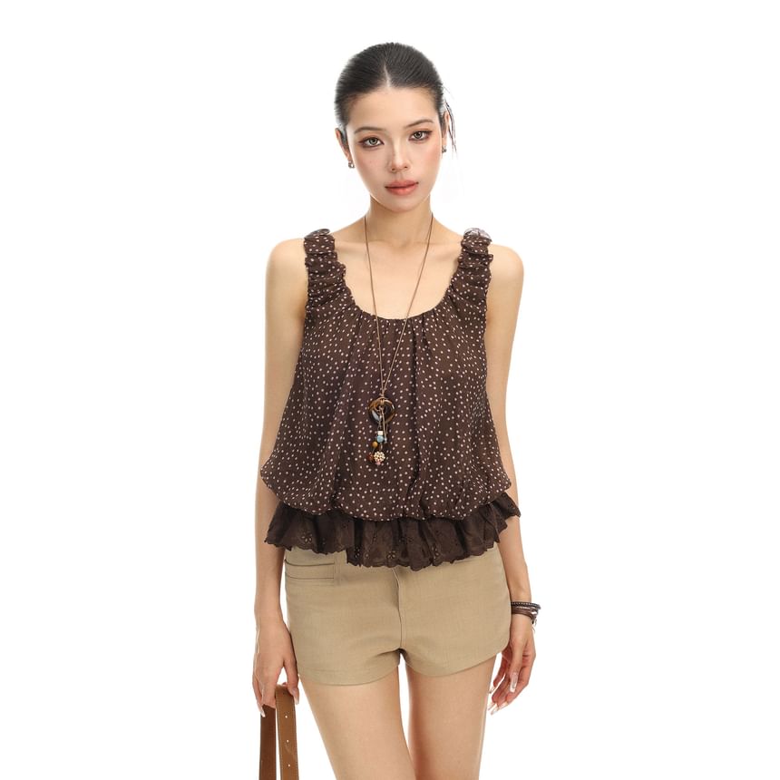 Sleeveless Scoop Neck Dotted Lace Trim Tank Top