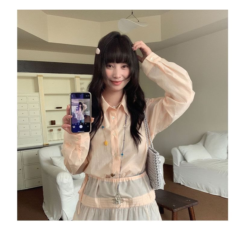 Long Sleeve Collared Shirt with Tie-Waist Overlay Skirt Set