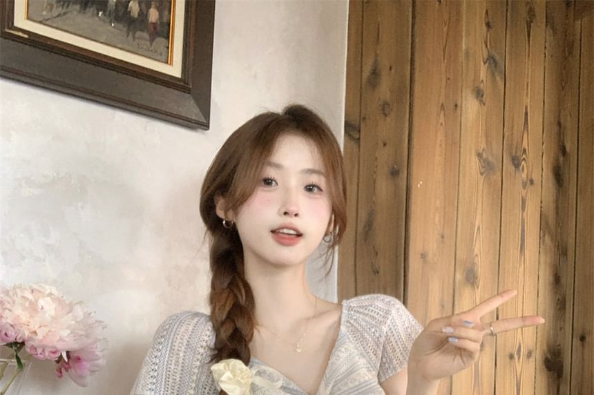 Striped Lace-Trim Knot V-Neck Tee