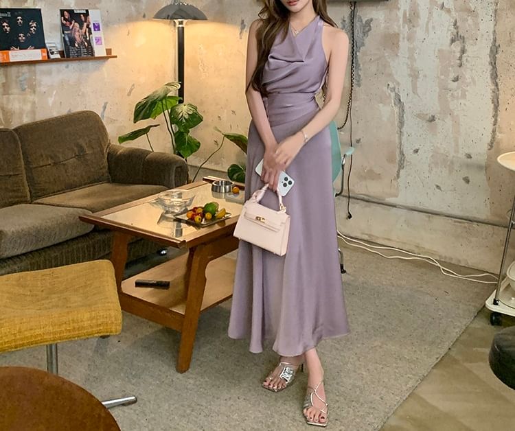 Sleeveless Cowl Neck Plain Maxi A-Line Dress