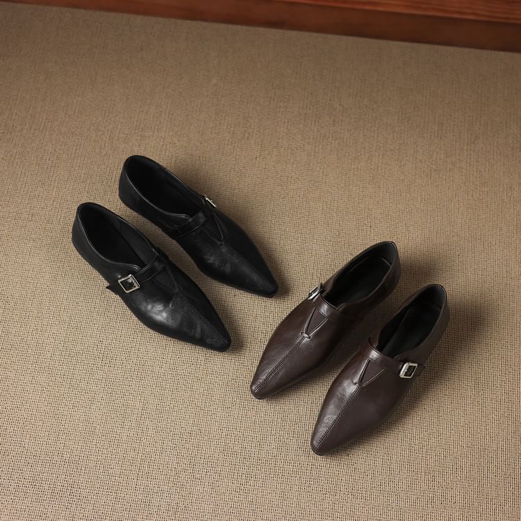 Low Heel Plain Buckled Faux Leather Shoes