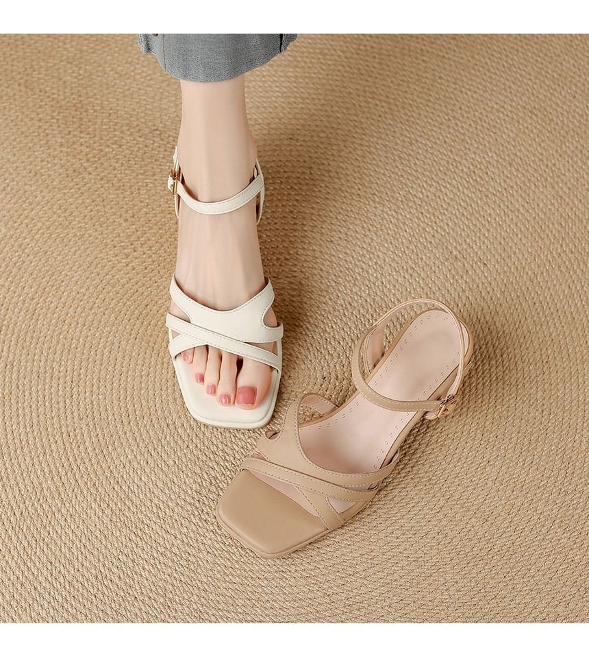 Chunky Heel Square Toe Plain Faux Leather Sandals