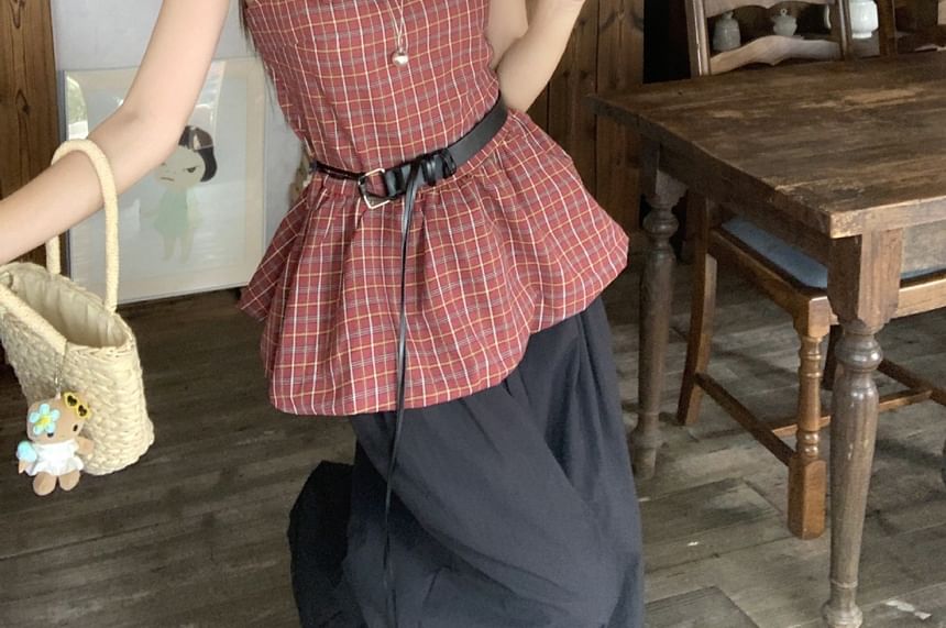 Set: Sleeveless Plaid Bow Peplum Blouse + Faux Leather Belt