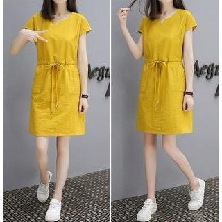 Mini Short-Sleeve V-Neck Drawstring-Waist Plain Dress A-Line