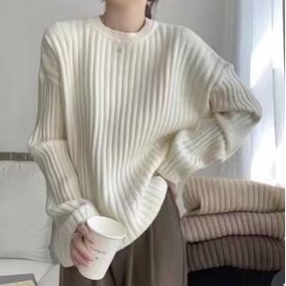 Neck Ribbed Sweater Plain Crew