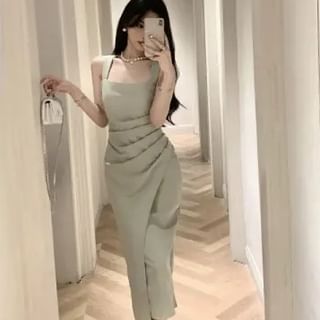 Dress Square Neck Sheath Midi Plain Sleeveless Ruched