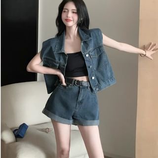 Collar Denim Button Vest / High Waist Roll Up Hem Denim Shorts / Belt / Set
