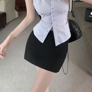 High Striped Shirt Skirt Pencil Rise Button-Up Sleeveless Mini V-Neck /