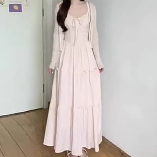 Spaghetti Strap Ruffle Cardigan Solid Sundress Maxi