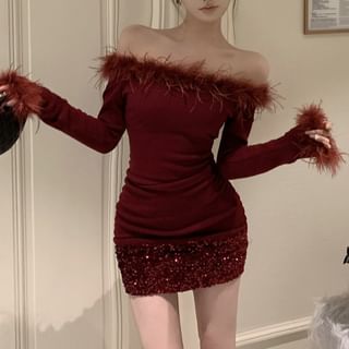 Mini Sequin Fluffy Dress Trim Plain Off-Shoulder Long-Sleeve Sheath