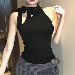 Neck Detail Flower Low Halter Plain Skirt Pencil Mini Mock Top / Waist